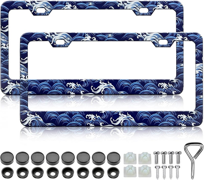 LIN KANG Ocean Waves License Plate Frame - 2 Pack Blue and White Sea Wave Aluminum License Plate Holder Covers, Car Decorative Tag Frames for Standard US Canada 12x6 Inch with Screw Caps - Image 1